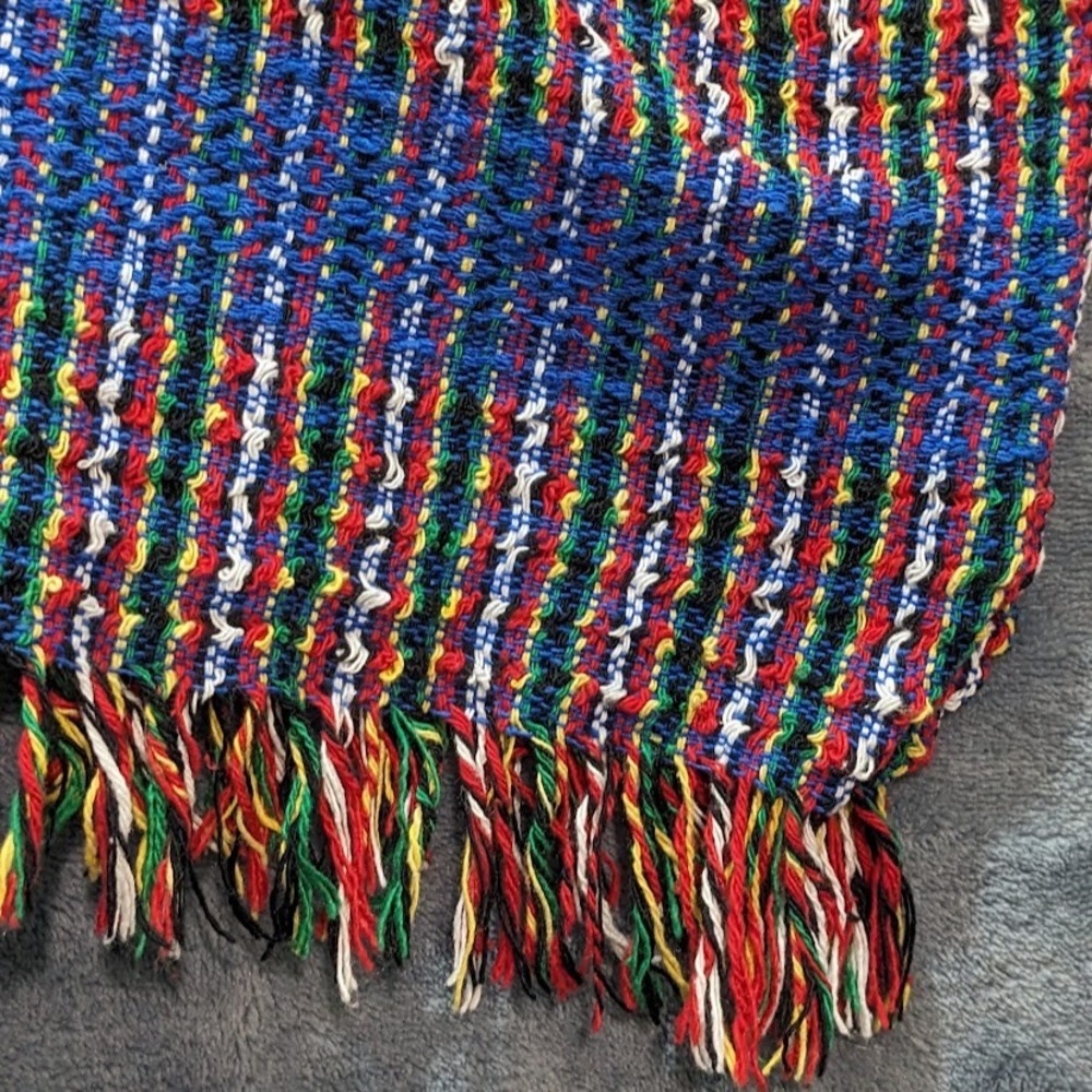 Vintage Handwoven Striped Poncho Top Boho Fringe Multi Color Sleeveless Boxy - Picture 4 of 10